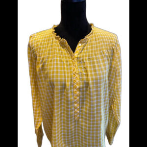 J. Crew Blouse Sz 14 T Color Yellow Checked  Smocking Boho Peasant Top J.Crew